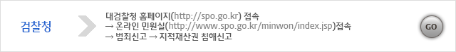 1.대검찰청 홈페이지(http://spo.go.kr)접속 -> 2.온라인 민원실(http://www.spo.go.kr/minwon/index.jsp)접속 -> 3.범죄신고 -> 4. 지적재산권 침해신고