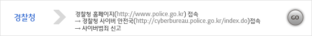 1.경찰청 홈페이지(http://www.police.go.kr)접속-> 2.경찰청 사이버 안전국(http://cyberbureau.police.go.kr/index.do)접속 -> 3.사이버범죄 신고